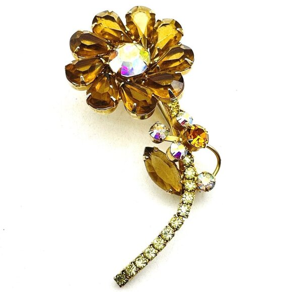 Vintage JULIANA Topaz Flower Brooch 874 Gold Tone Wire Stem Support Pear Stones - Picture 1 of 9